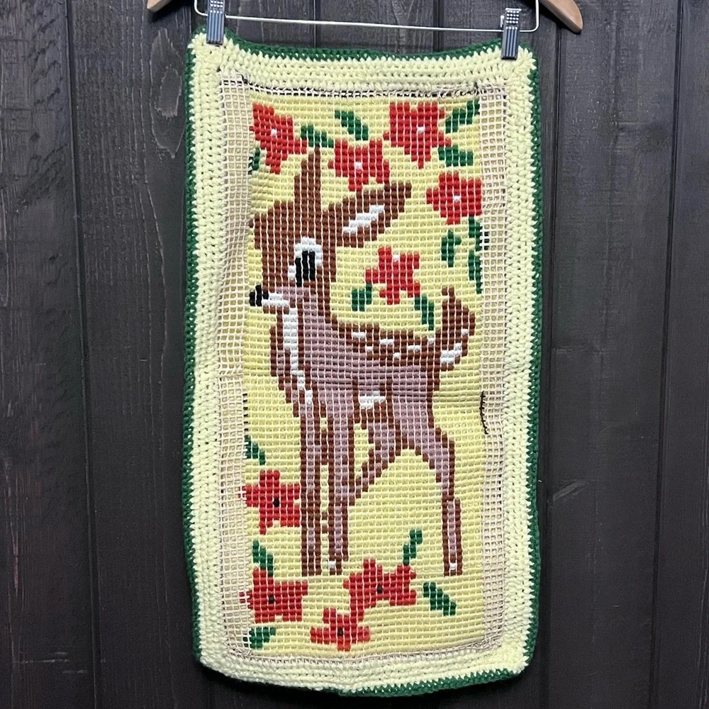 Vintage 80s Latch Hook Rug Fawn Deer Flowers with Crochet Border 27.5”x15”.